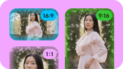 ピンクのドレスを着た女性の画像が3枚あり、それぞれ16:9、9:16、1:1のアスペクト比でトリミングされています。