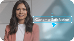 A mouse cursor hovers over the highlighted text "Customer Satisfaction," with a smiling woman in the background.