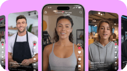 AI TikTok video generator interface showing a vertical 9:16 clip with an AI presenter, auto captions, and template thumbnails.