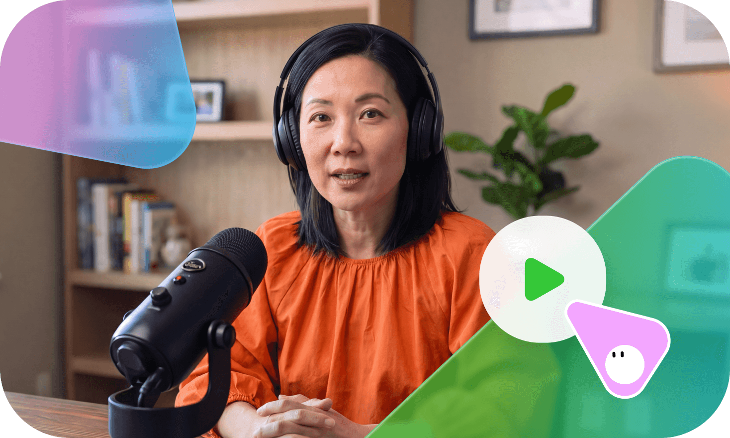 An Asian woman in headphones speaks into a microphone, with colorful digital overlays, a play button, and a cursor icon.