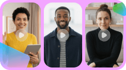 Three smiling people in video frames with play buttons.