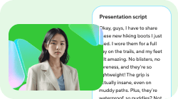 A young woman in a blazer looks at the viewer, next to a presentation script about waterproof hiking boots.