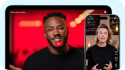 A tablet displays a video of a smiling Black man with glasses, while an overlapping smartphone shows a video of a blonde woman speaking.