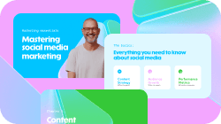 Overlapping presentation slides about social media marketing, featuring a smiling man and topics like content strategy.