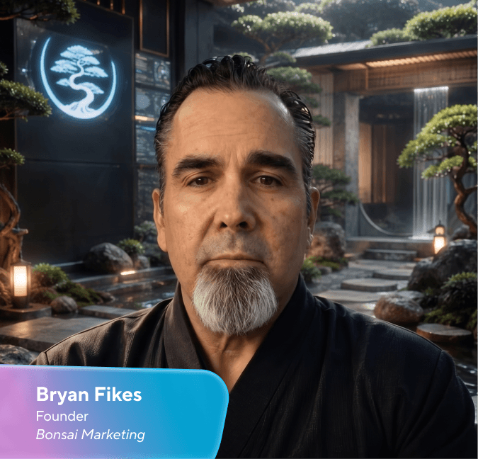 Bryan Fikes, Founder of Bonsai Marketing, a man with a goatee in a dark uniform, against a modern Japanese garden background with a glowing bonsai logo.