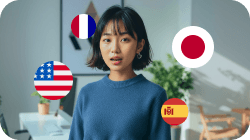 フランス、日本、アメリカ、スペインの国旗に囲まれた若いアジア人女性。