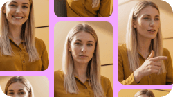 Collage of portraits of a blonde woman in a yellow shirt showing various expressions and poses.
