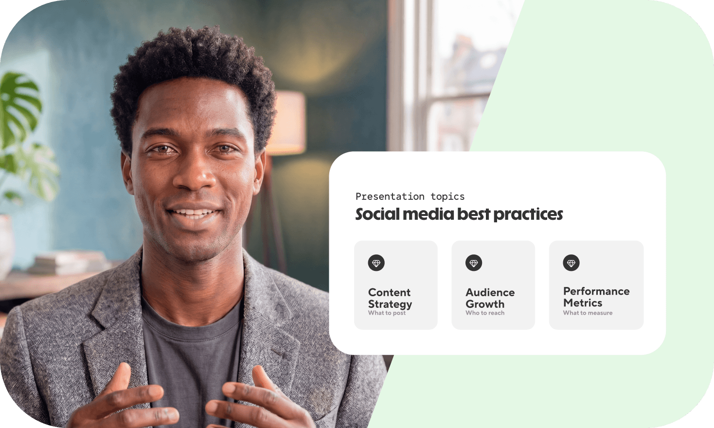 Smiling Black man with a presentation slide overlay about social media best practices: content strategy, audience growth, performance metrics.