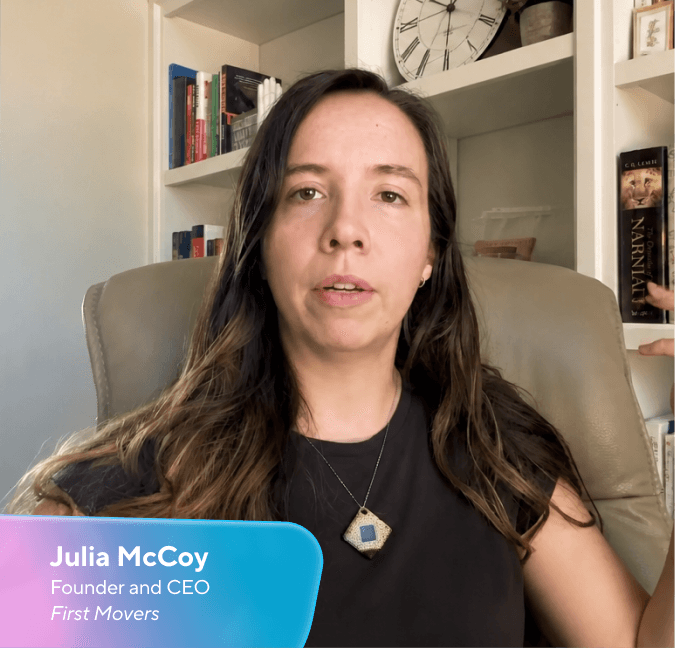 Julia McCoy, Founder and CEO of First Movers, speaking from an office with bookshelves.