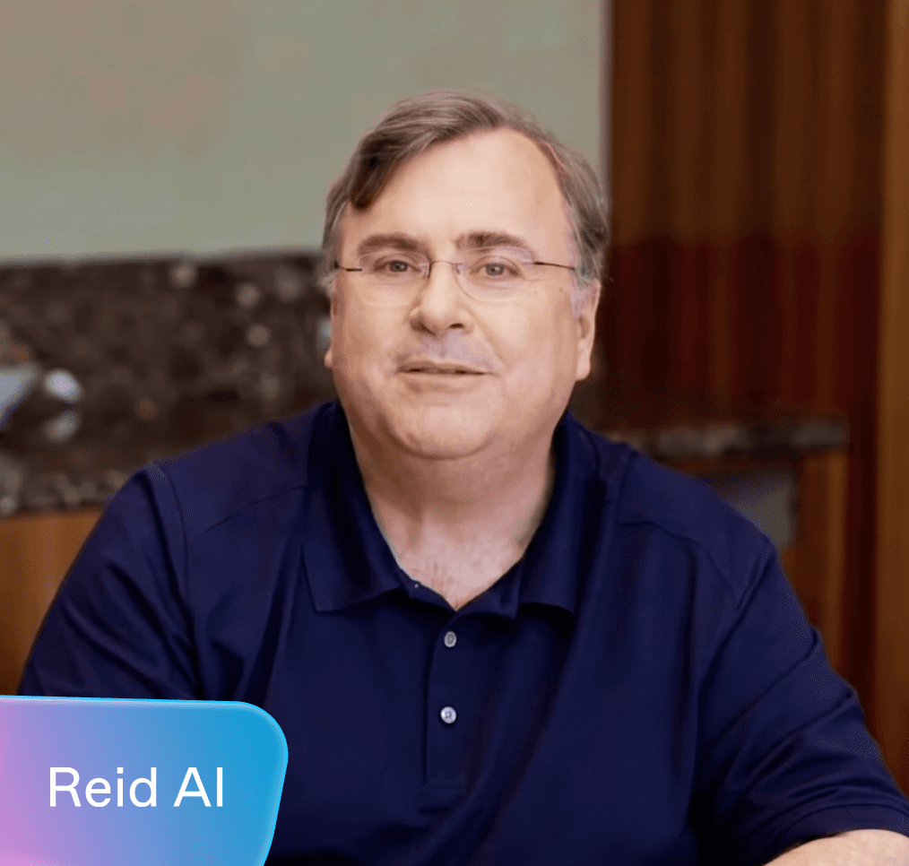 A man wearing glasses and a dark blue polo shirt looks forward, with "Reid AI" text in the bottom left.