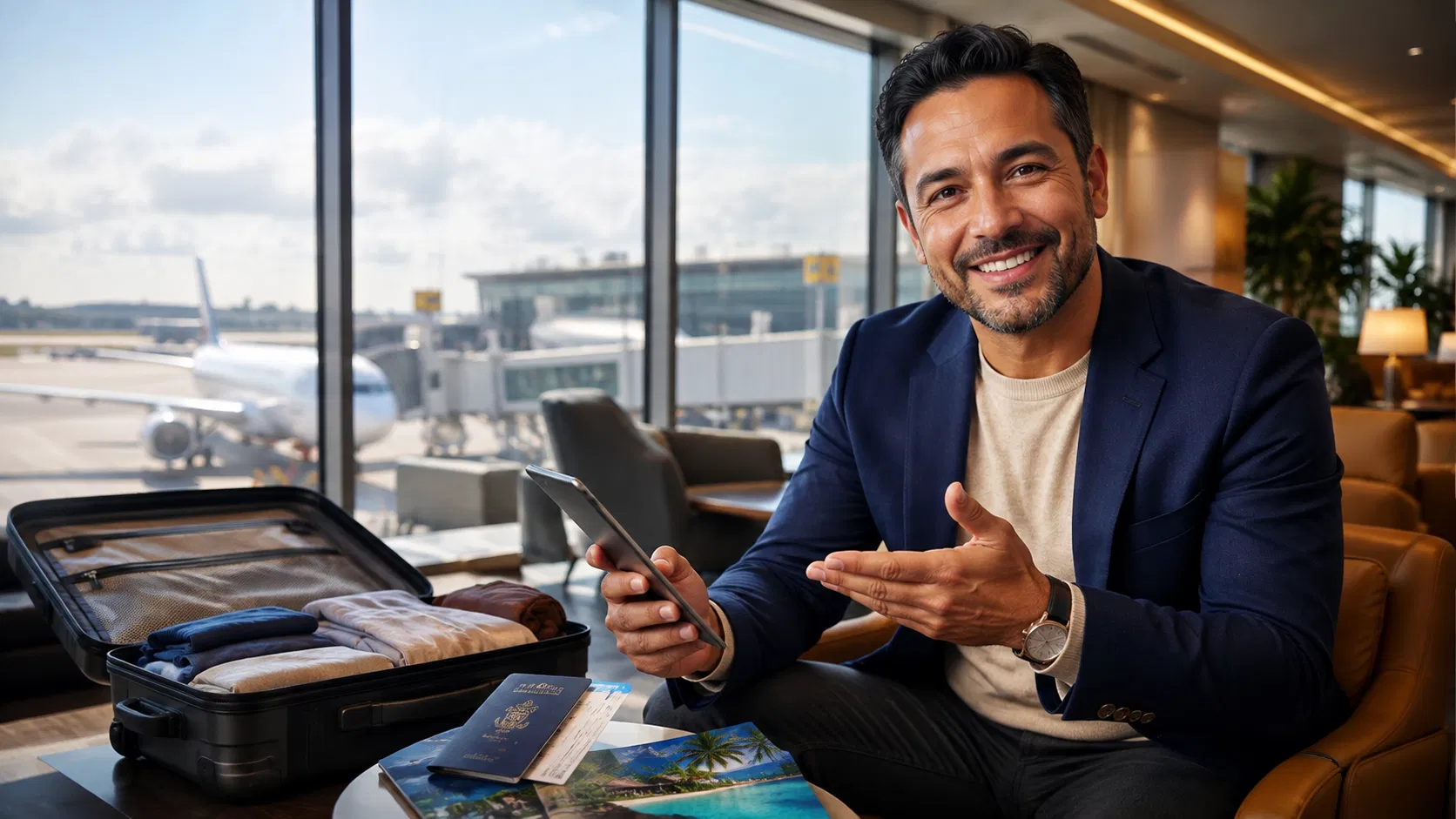 An advisor avatar in an airport lounge holds a tablet beside an open suitcase