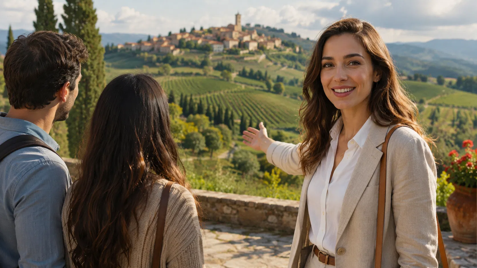 An advisor avatar points two travelers toward a hill town above Tuscan vineyards
